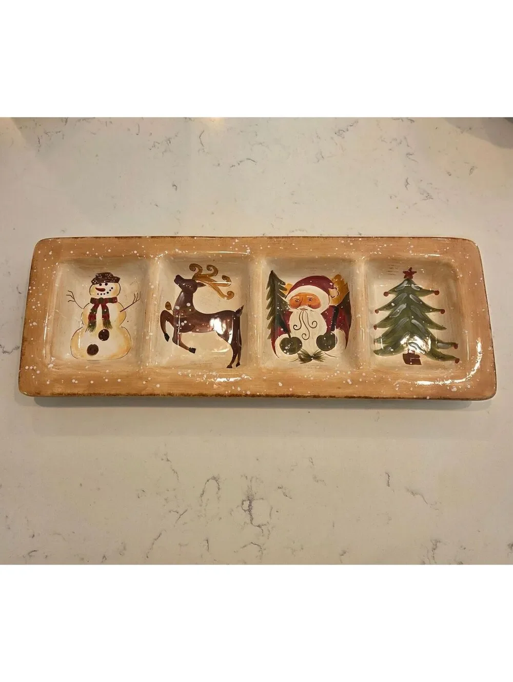 Hand-Painted Ceramic Christmas Snack Tray with Santa, Reindeer, Snowman, and Fir